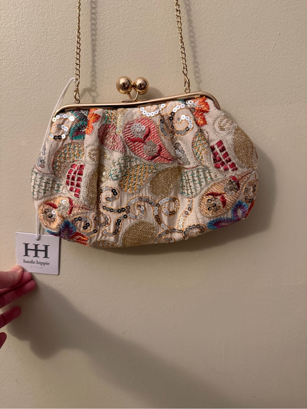 Haute Hippie Cream Beaded Clutch with crossbody chain strap option - Picture 7 of 8